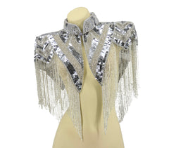Beaded Silver Shawl with Collar and Fringes