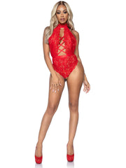 High Neck Floral Lace Teddy w/ Crotchless Thong