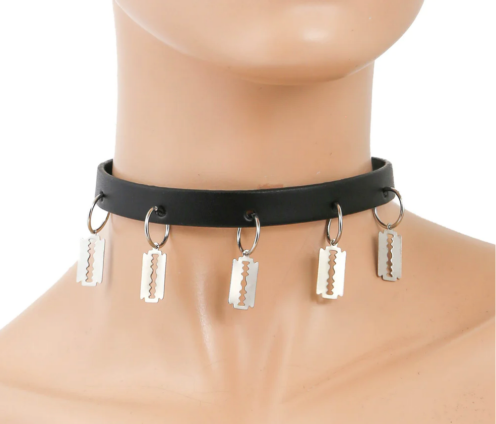Black Leather Choker with Small Razor Blades