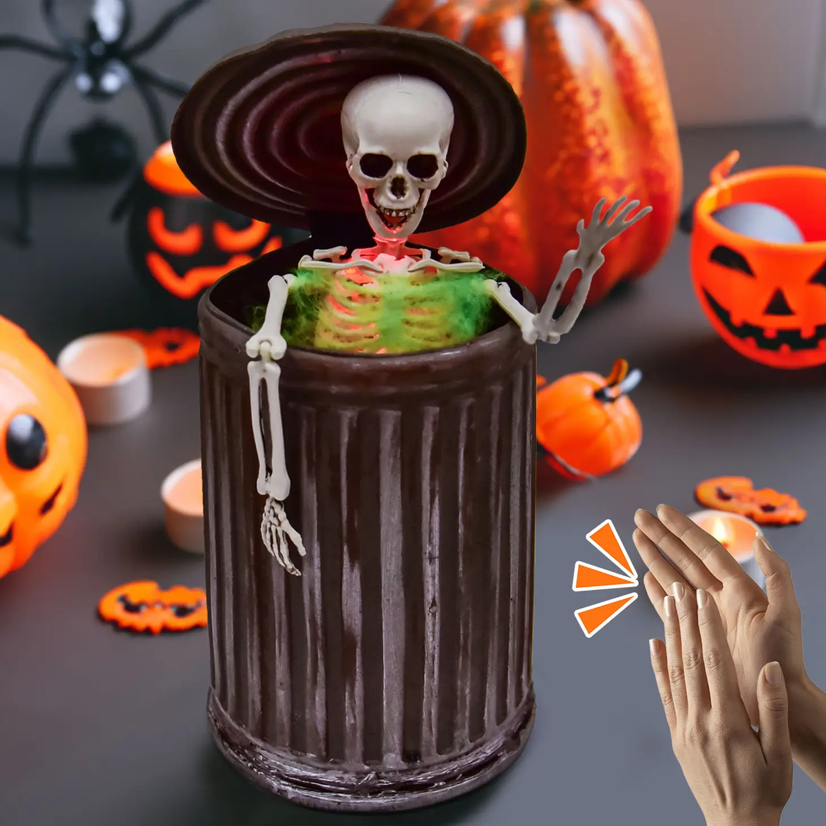 12" Animated Desktop Skeleton in Trash Can