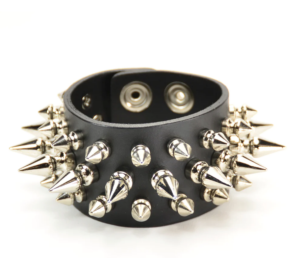 Leather Snap Bracelet with One Row 1" Spikes and 2 Row 1/2" Spikes