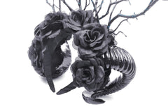 Goth Queen Rose Twig Headband With Sheep Horns