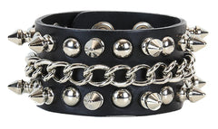 Black Leather Studs & Spikes Chain Snap Bracelet