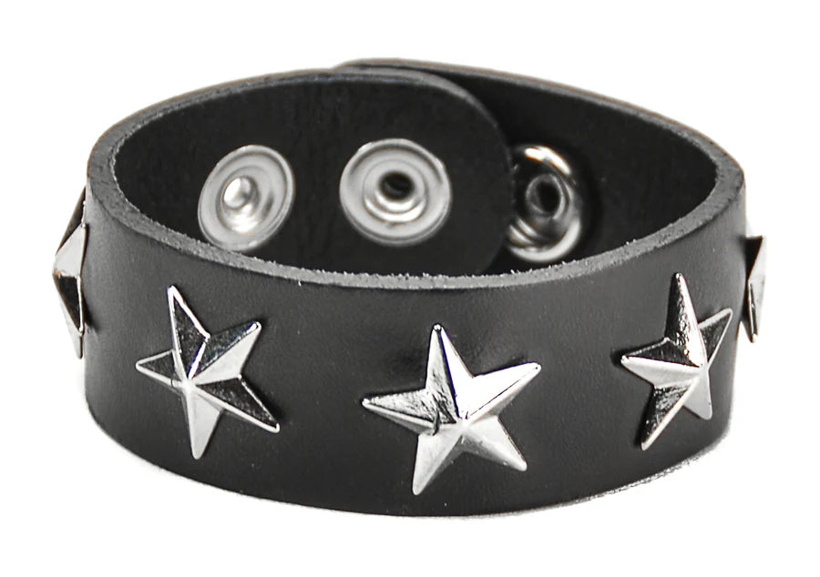Star Studded Black Leather Snap Bracelet