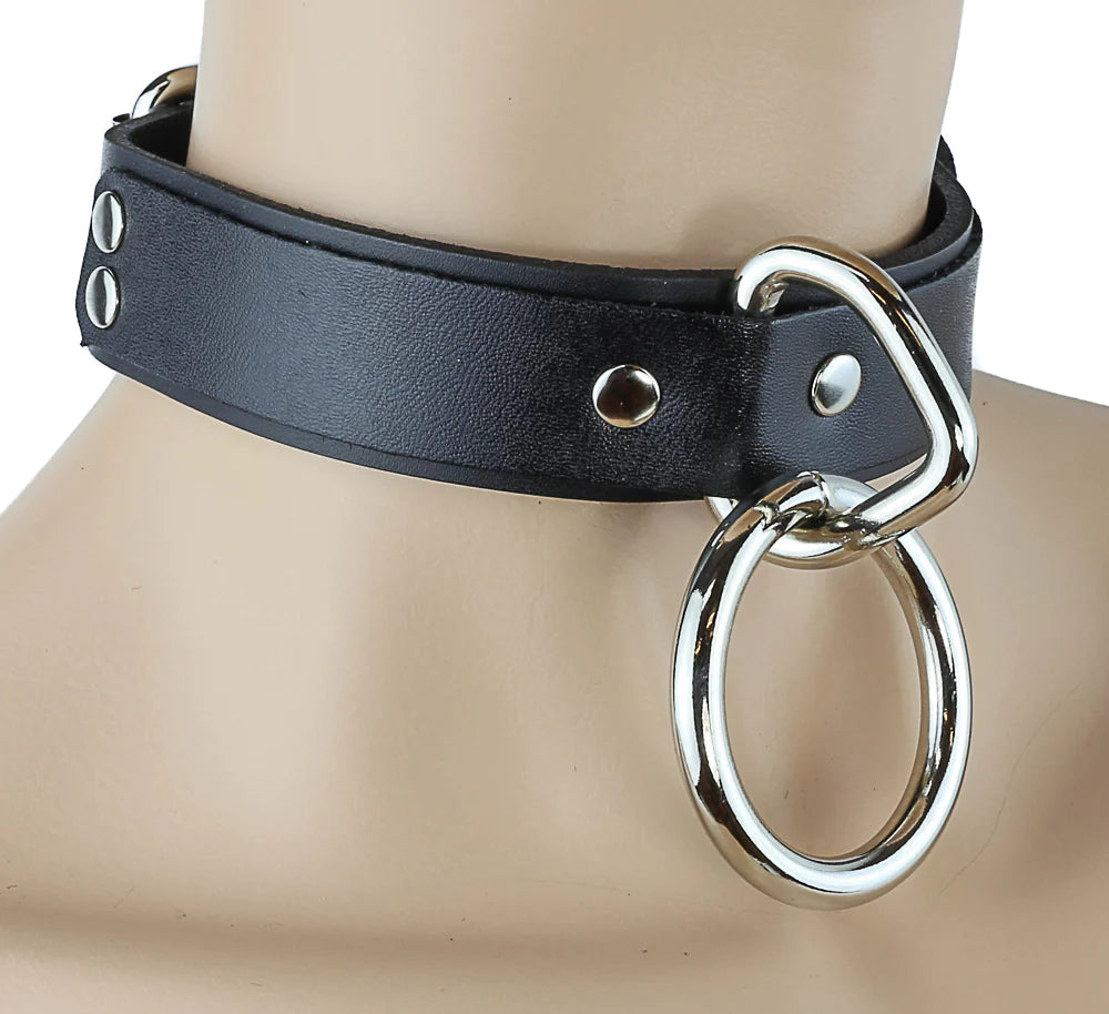 1 1/8" Black Leather Choker with 1/2" Loop and Ring