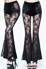 Gothic Sheer Floral Lace Black Velvet Flare Pants