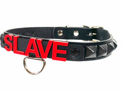 Red Stainless Steel Nickname Leather Bondage Choker with Black Pyramid Studs