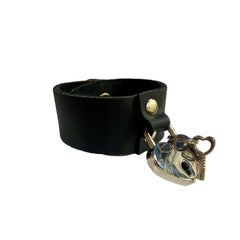 Silver Heart Lock Black Leather Snap Bracelet