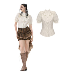 Victorian Women's Cream Short Sleeved Ruffled Shirt