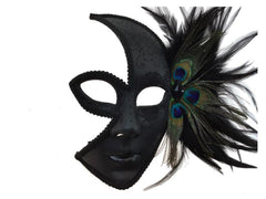 Half Face Venetian Style Mask w/ Feathers in Black