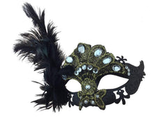 Black Lace Jeweled Venetian Mask w/ Feather