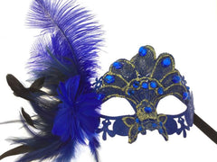 Black Lace Jeweled Venetian Mask w/ Feather