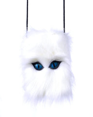 Pet Me Purse: Blue Latex Cat Eyes White Furry Purse