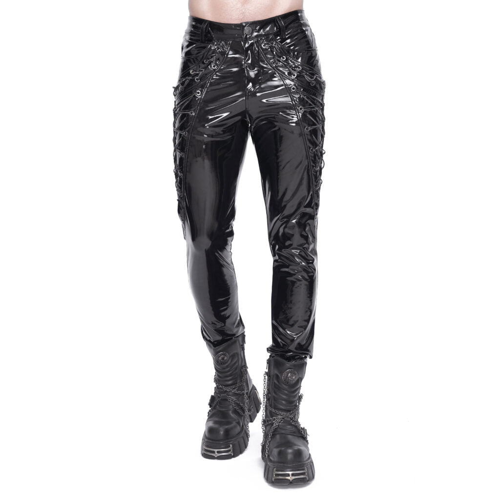 Shiny PU Leather Side Laced Slim Fit Men's Pants