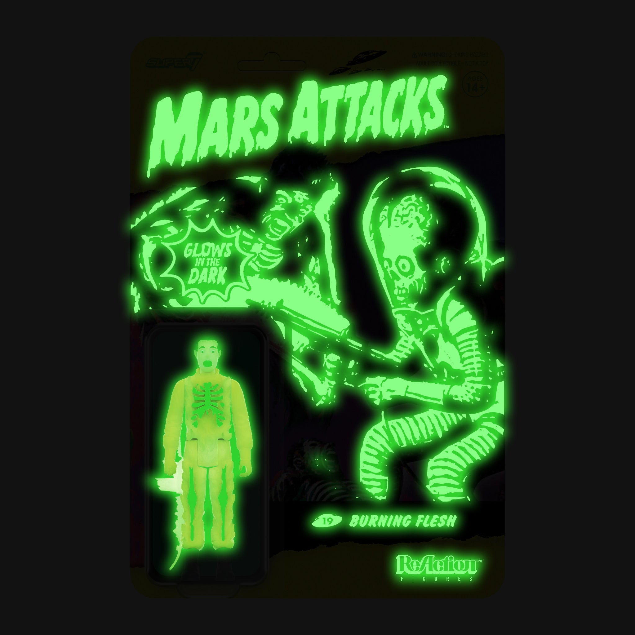 Mars Attacks: Burning Flesh Glow in The Dark ReAction Collectible Action Figure w/ Melted Rifle