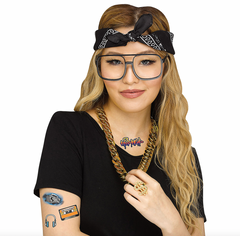 90's Rapper Gold Chain, Glasses, Tattoos & Ring Instant Kit