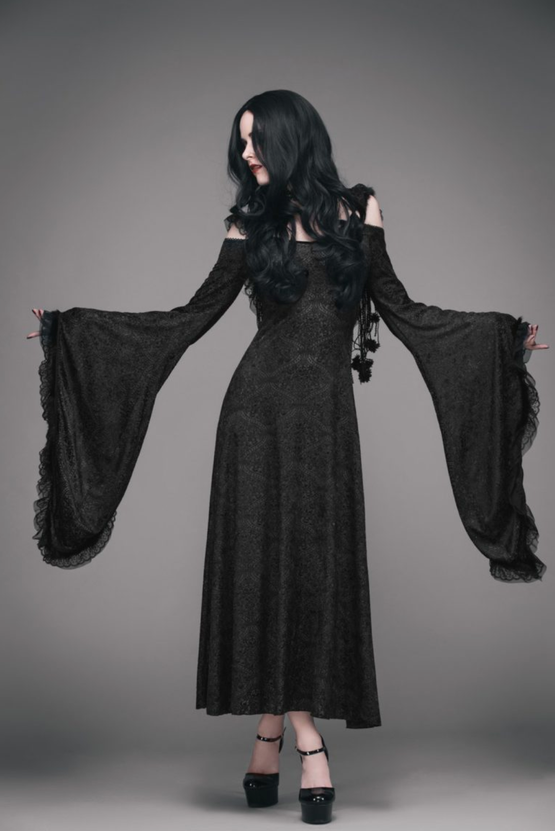 Gothic Cold Shoulder Long Sleeve Hooded Maxi Dress