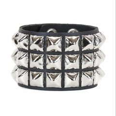 3 Row Leather Snap Bracelet with 1/2" Pyramid Studs