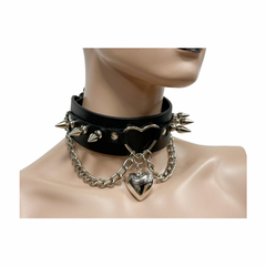 Heart Ring Choker with Tree Spikes, Chains and Heart Pendant