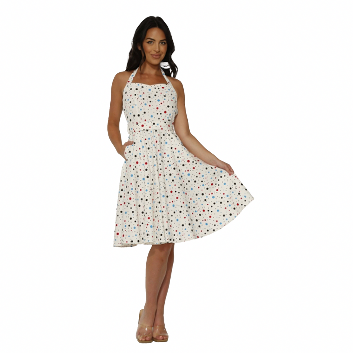 Sweet Candy White Halter Dress with Multicolor Dots