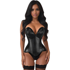Top Drawer Steel Boned Black Faux Leather Plunge Neckline Overbust Corset