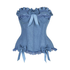 Top Drawer Blue Denim Bows Underwire Steel Boned Burlesque Corset