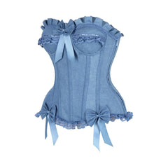 Top Drawer Blue Denim Bows Underwire Steel Boned Burlesque Corset