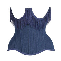 Top Drawer Steel Boned Dark Blue Denim Underwire Underbust Corset Cincher w/Fringe