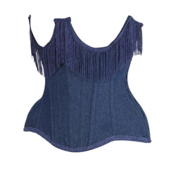Top Drawer Steel Boned Dark Blue Denim Underwire Underbust Corset Cincher w/Fringe