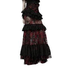 La Muerta Red and Black Floral Mesh Tiered Skirt