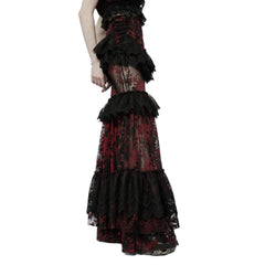 La Muerta Red and Black Floral Mesh Tiered Skirt