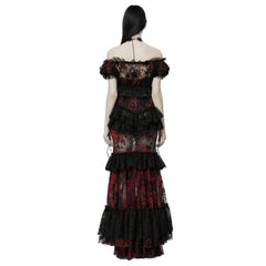 La Muerta Red and Black Floral Mesh Tiered Skirt