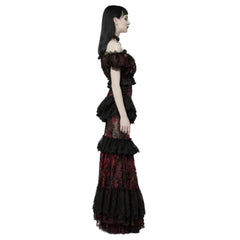 La Muerta Red and Black Floral Mesh Tiered Skirt