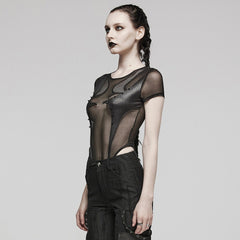Futuristic Pleather Panel Mesh Bodysuit