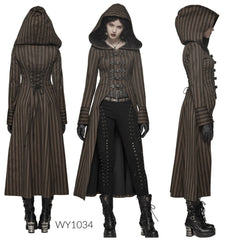 Steampunk Brown Striped Long Coat with Hood