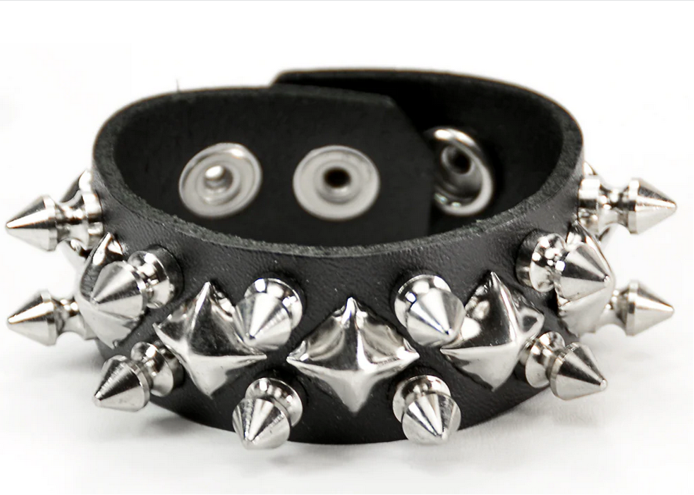 Leather Snap Bracelet with 2 Row 1/2" Spike and 1 Row Diamond Studs