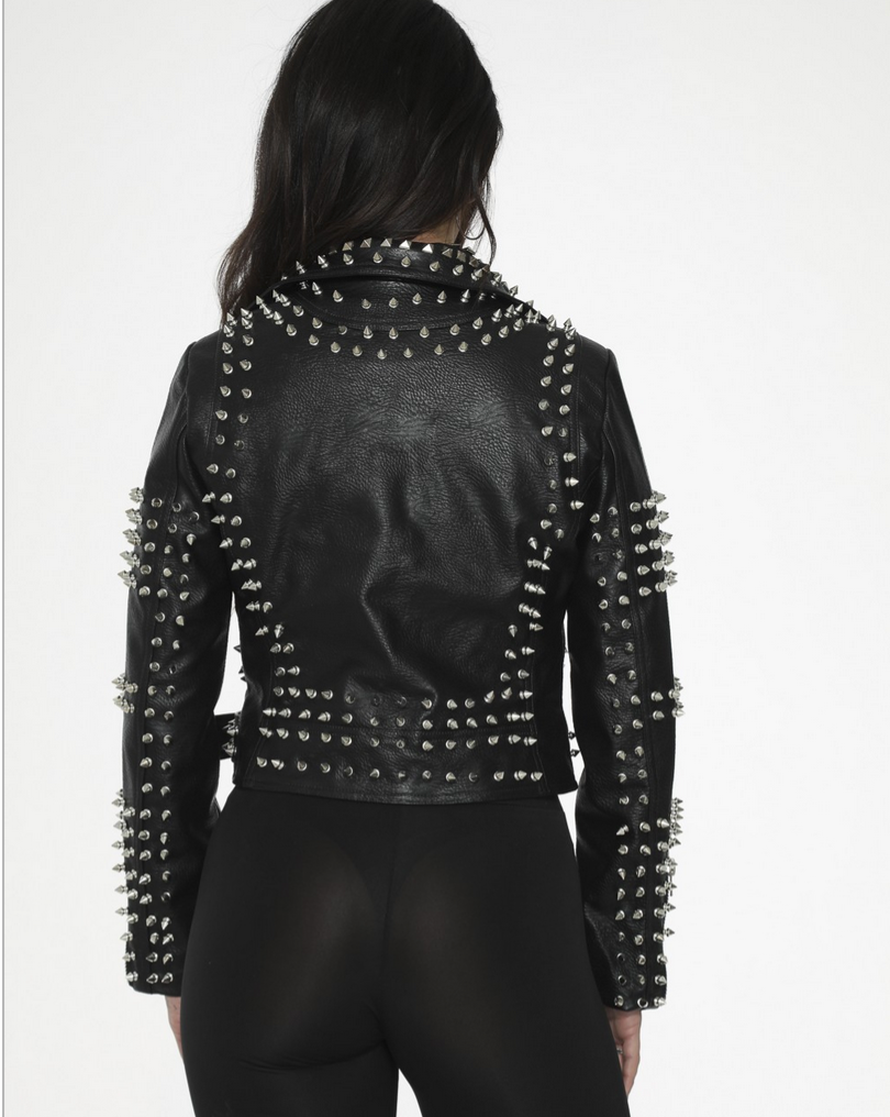 Black Leather Diamond & Spike Studded Moto Jacket