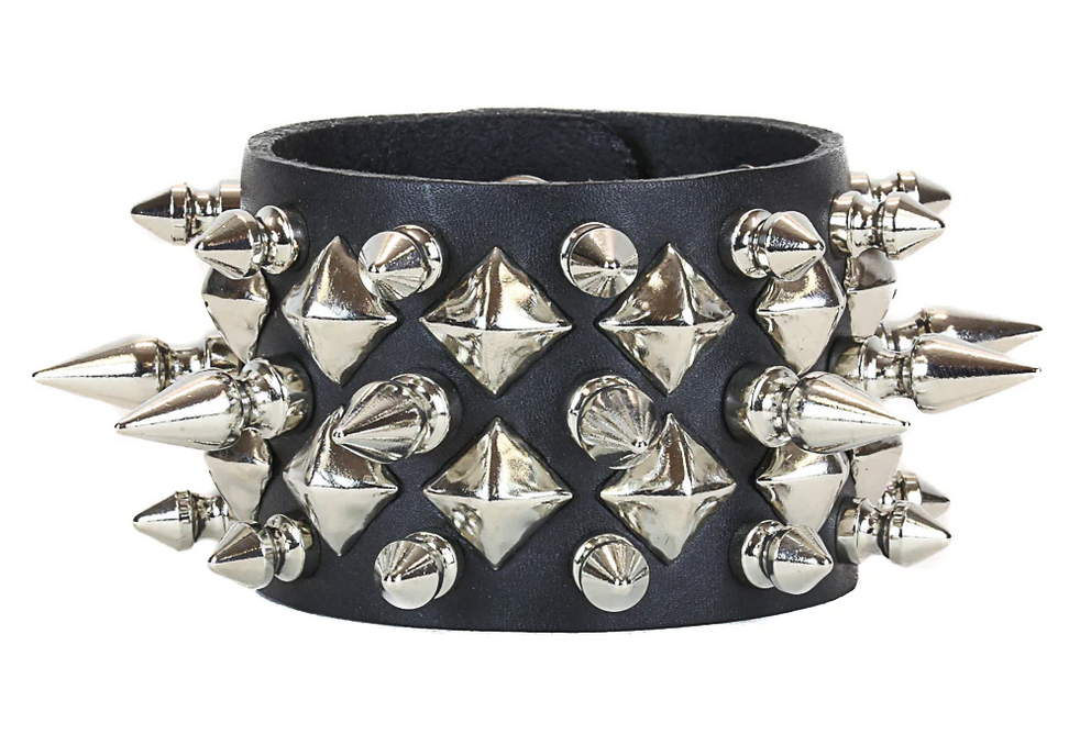 Leather Snap Bracelet with Diamond Studs and 1/2" and 1" Spikes