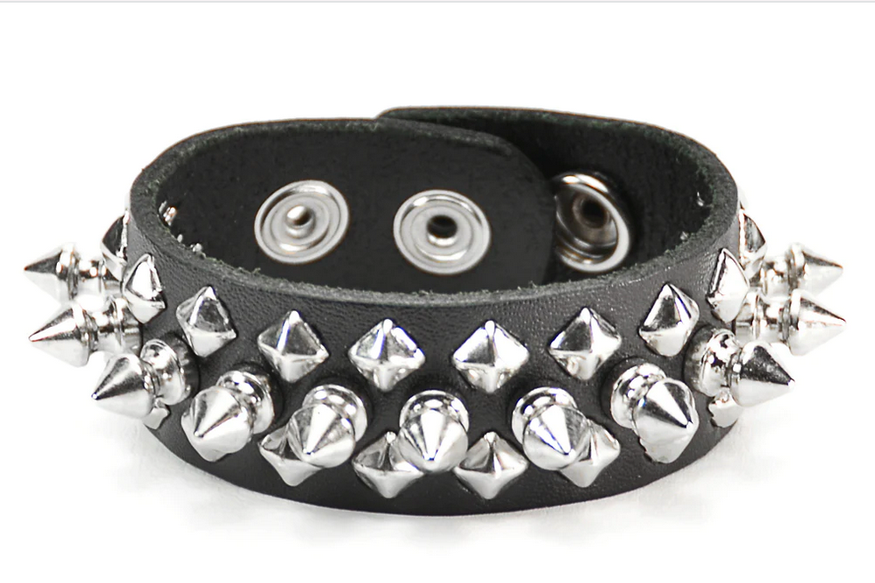 Leather Snap Bracelet with 1 Row 1/2" Spikes and 2 Row Diamond Studs