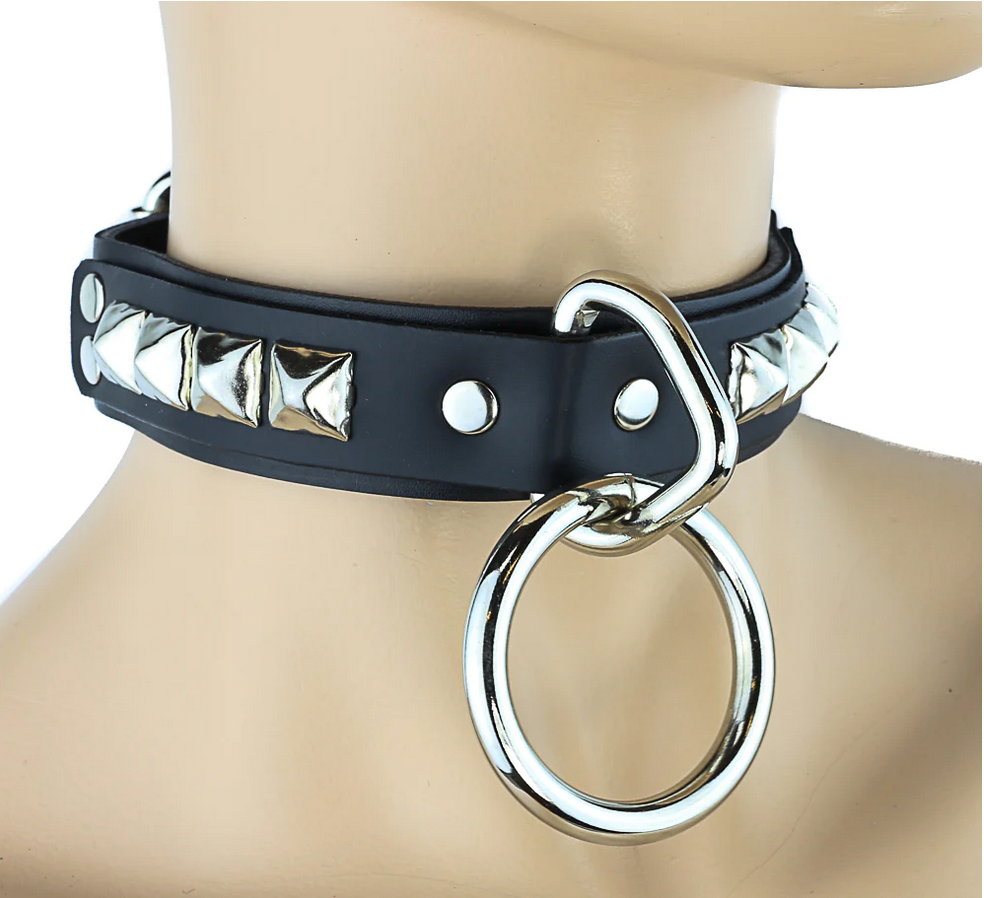 1 1/8 Black Leather Choker w/ 1/2" Loop & Ring and 1/2" Pyramid Studs