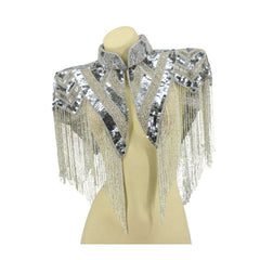 Beaded Fringe High Collar Silver Sequin Shawl