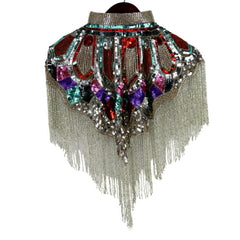 Beaded Multi-Color Cape with Collar and Silver Fringe