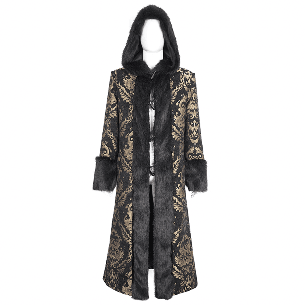 Beautiful Black & Gold Brocade Fur Trim Hooded Coat