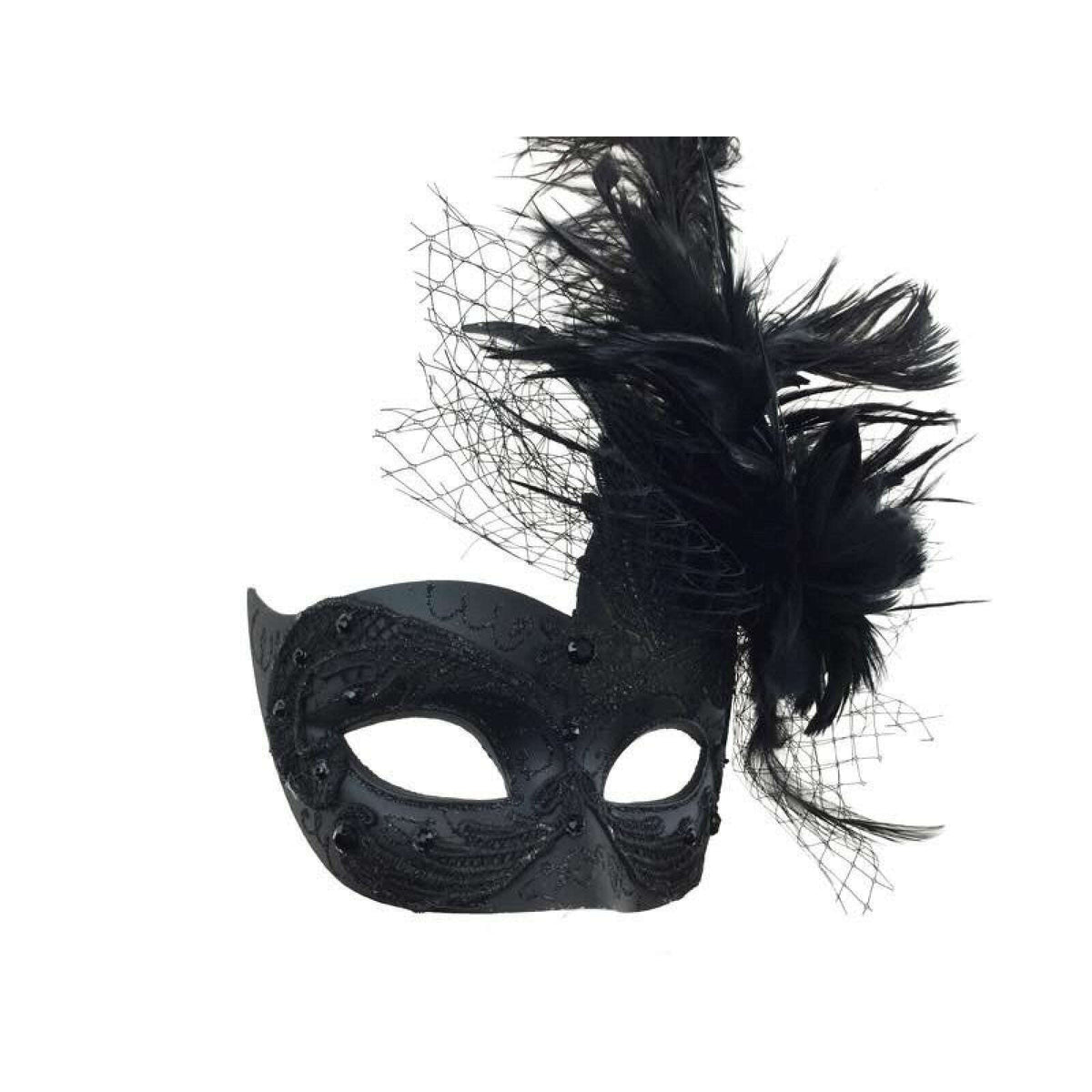 Black Lace Venetian Mask w/ Feather