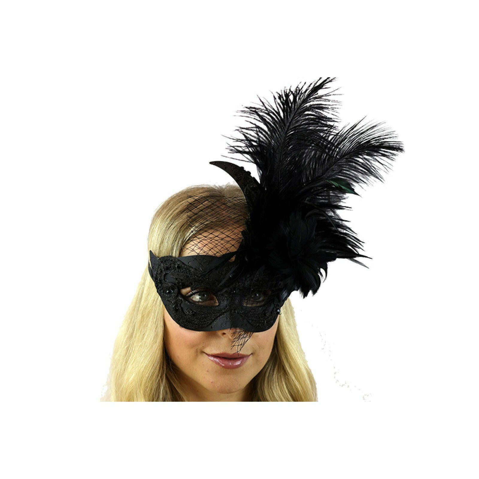 Black Feather Veil Venetian Mask