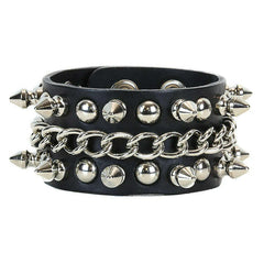 Black Leather Studs & Spikes Chain Snap Bracelet