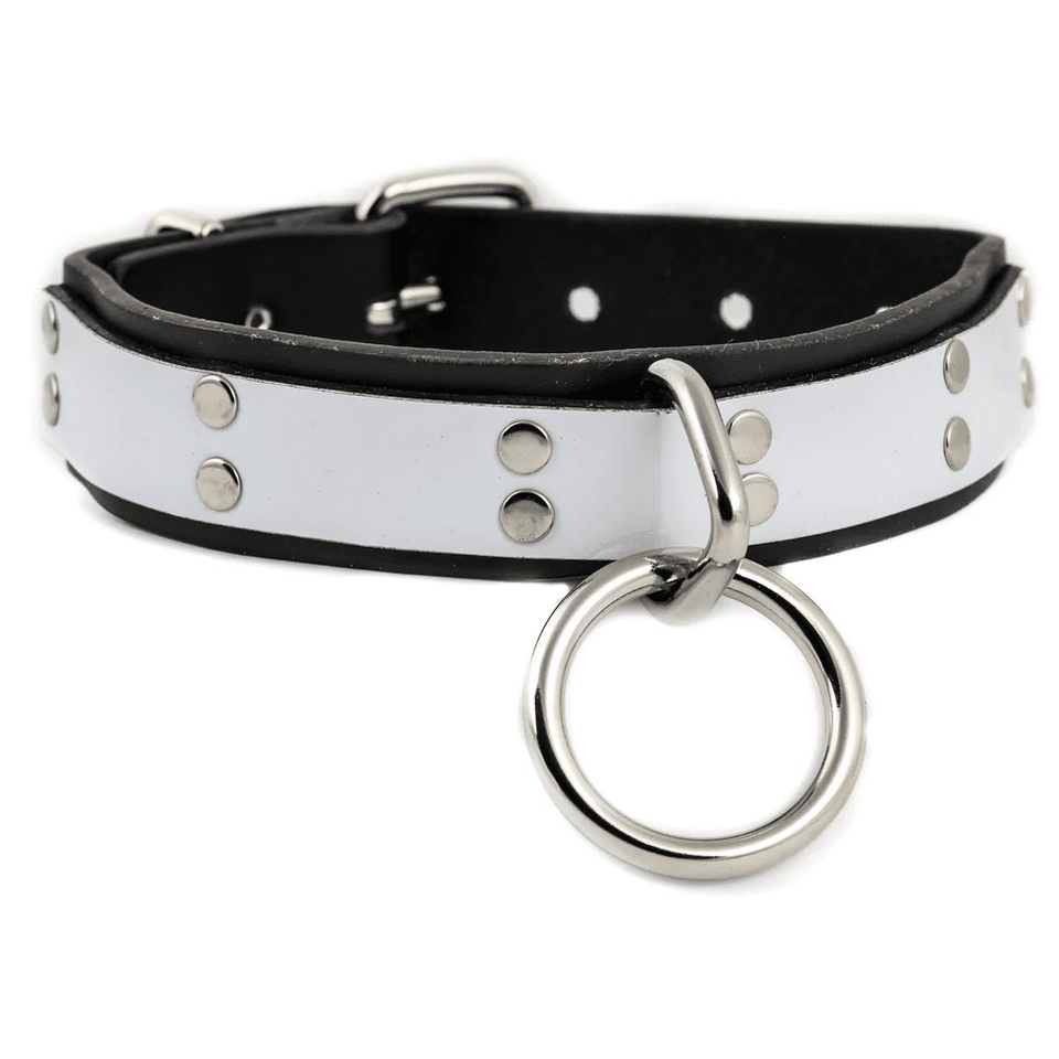 Black Leather & White Bondage Choker with Large Ring