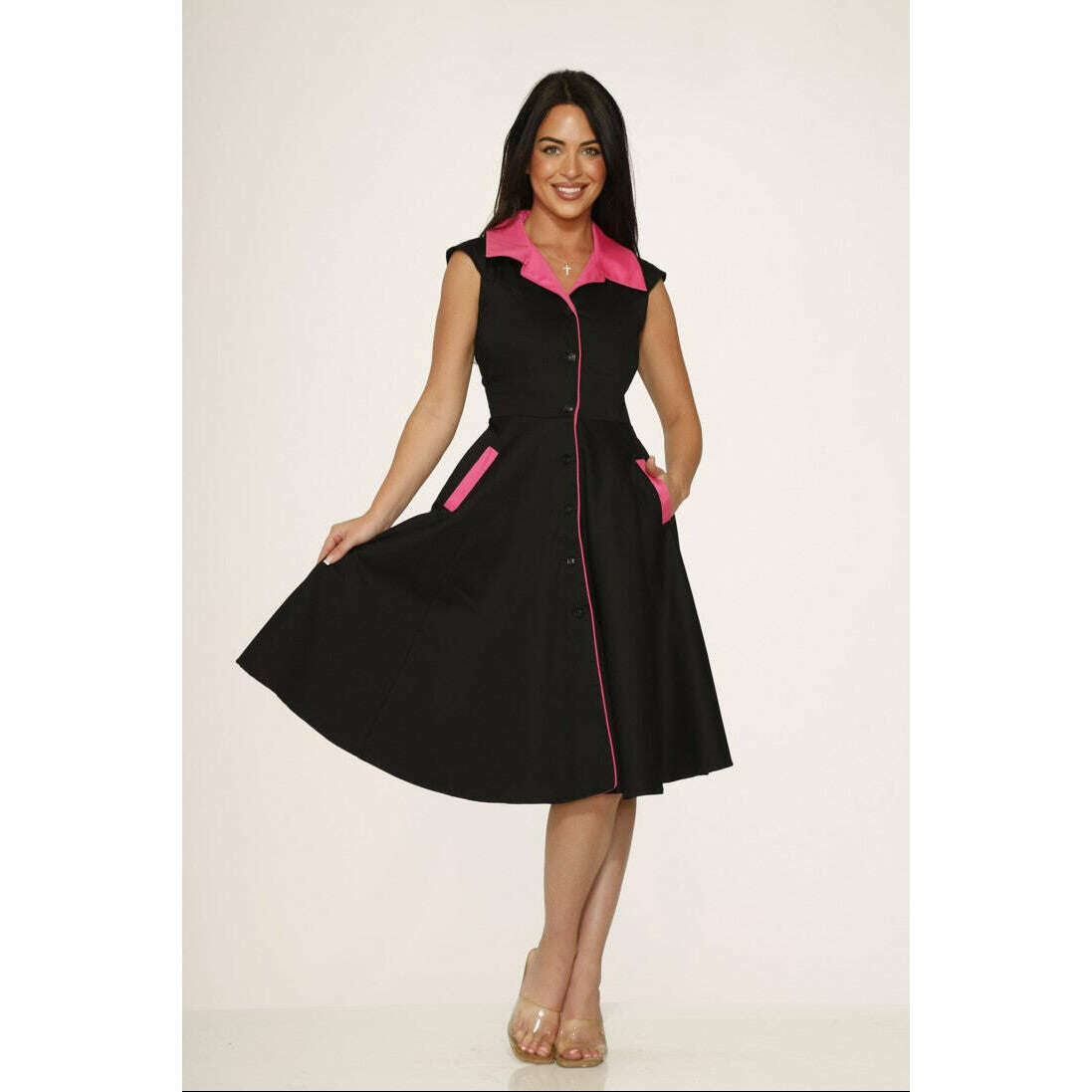 Black & Pink Collared Women's Swing Dress