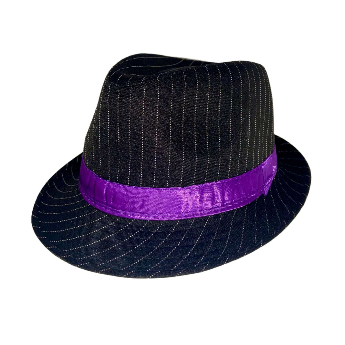 Black Pinstripe Purple Ribbon Fedora