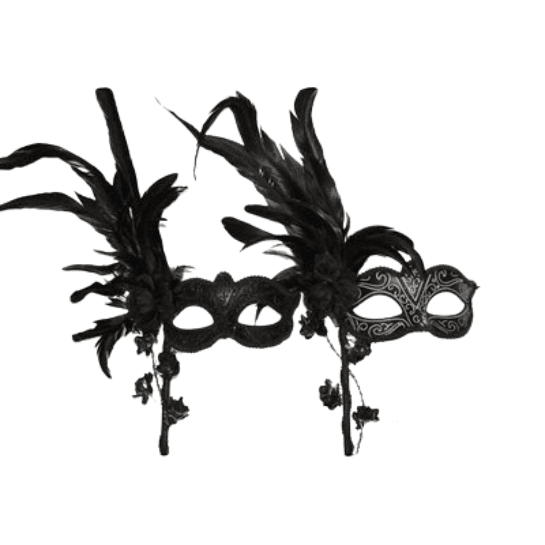 Black Venetian Mask with Flower and Stick